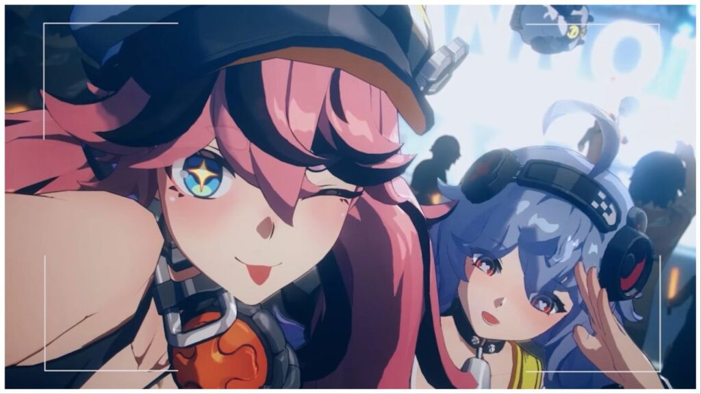 feature image for our project mugen trailer news, the image features a screenshot from the latest trailer of two characters taking a selfie with a camera as the girl on the left winks and stinks her tongue out while wearing headphones around her neck, the girl next to her is also smiling with headphones on her head, they seem to be in some sort of lively music club