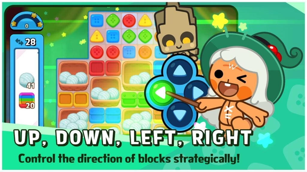 feature image for our puzzup amitoi news, the image features promo art for the game of a screenshot of the match-3 board which has shapes that looks like buttons alongside baskets of wool, the D-pad that controls the blocks is on the image next to a drawing of one of the amitoi characters who is wearing a witch hat and smiling whilst holding a magic wand , there is also text on the image that reads "up down left right control the direction of the blocks strategically"