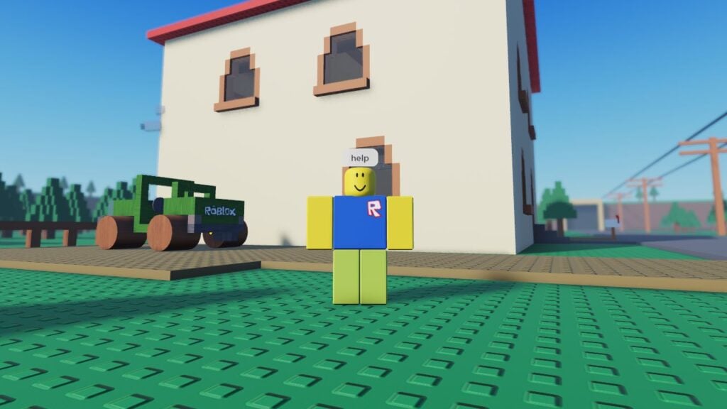 Feature image for our Resident Massacre guide. It shows an in-game screen of a Roblox character stood outside a house, saying 'help'.
