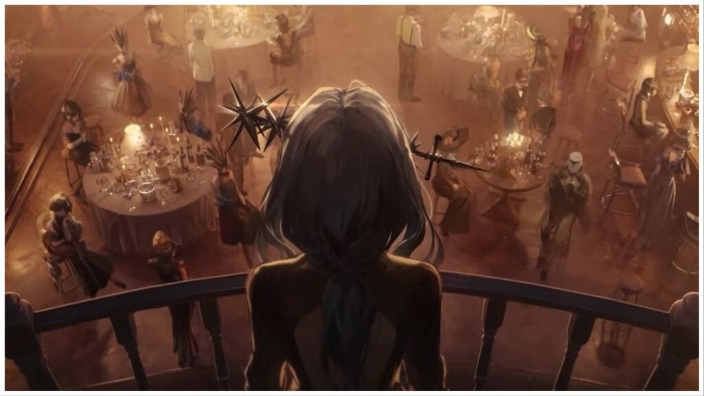 feature image for our reverse:199 global release news, the image features a screenshot from a PV trailer for the game of a female character wearing a dress with a sharp metal head piece in her hair standing on a balcony as she overlooks a restaurant, with visitors sitting at tables and walking around the hall, the tables are covered in bottles, wine glasses, candles, and buckets, you can see a section of the bar to the right, with a person sitting on a stool with a drink