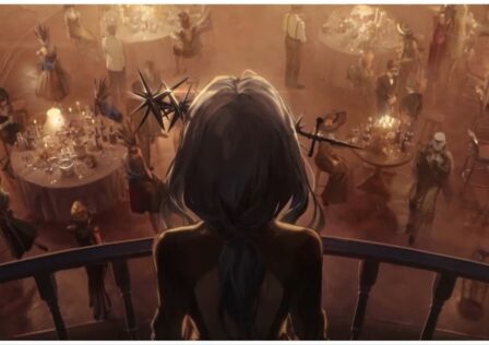 feature image for our reverse:199 global release news, the image features a screenshot from a PV trailer for the game of a female character wearing a dress with a sharp metal head piece in her hair standing on a balcony as she overlooks a restaurant, with visitors sitting at tables and walking around the hall, the tables are covered in bottles, wine glasses, candles, and buckets, you can see a section of the bar to the right, with a person sitting on a stool with a drink