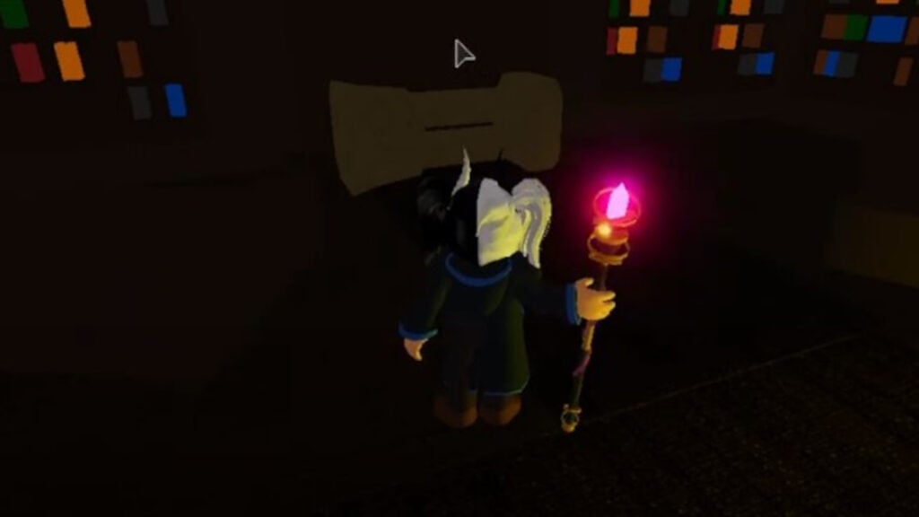 Feature image for our Roblox guide on how to get the killing curse in Ro-Wizard. Image shows a female character holding a pink light in a dark library.