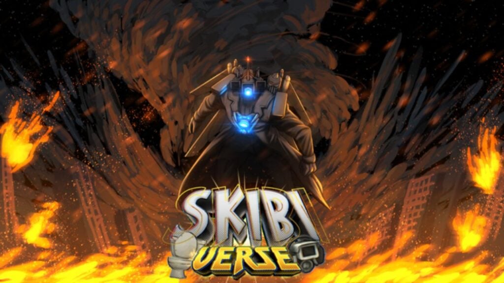 Feature image for our SkibiVerse codes guide. It shows a figure with a camera for a head stood with flames around them.