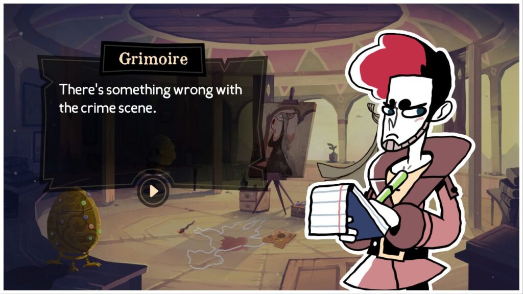 feature image for our tangle tower android news, the image features a screenshot from the game of grimoire holding a notepad and pen while scowling as he looks to the side, there is a text box that reads "there's something wrong with the crime scene" which is what grimoire is saying, the background is of the top of tangle tower, with a crime scene body outline on the ground next to a pain pallette and paintbrush that have been dropped on the ground, there is also a painting of a tall slender woman with long hair as holds a knife while standing in the same room as the crime scene