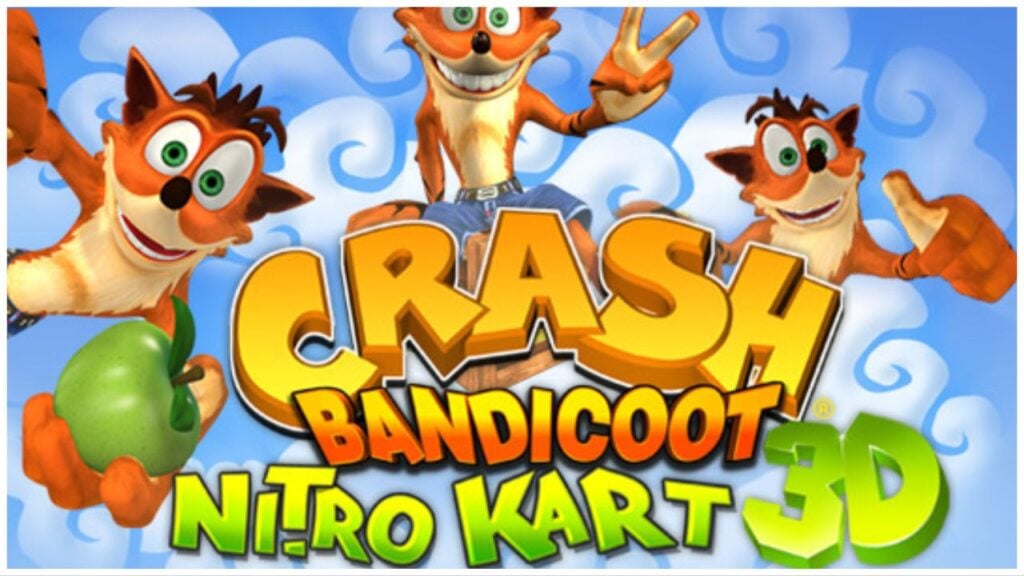 feature image for our touchHLE android news, the image features promo art for the crash bandicoot kart 3D game, with crash bandicoot posing with the peace sign and his thumb up and holding an apple out to the viewer, the game's logo is on the image, with cartoon-style clouds in the background