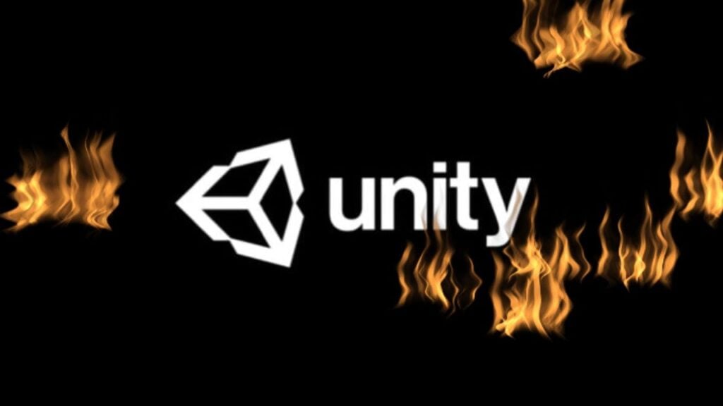 Feature image for our Unity news piece. It shows the Unity logo with flames poking through in places.
