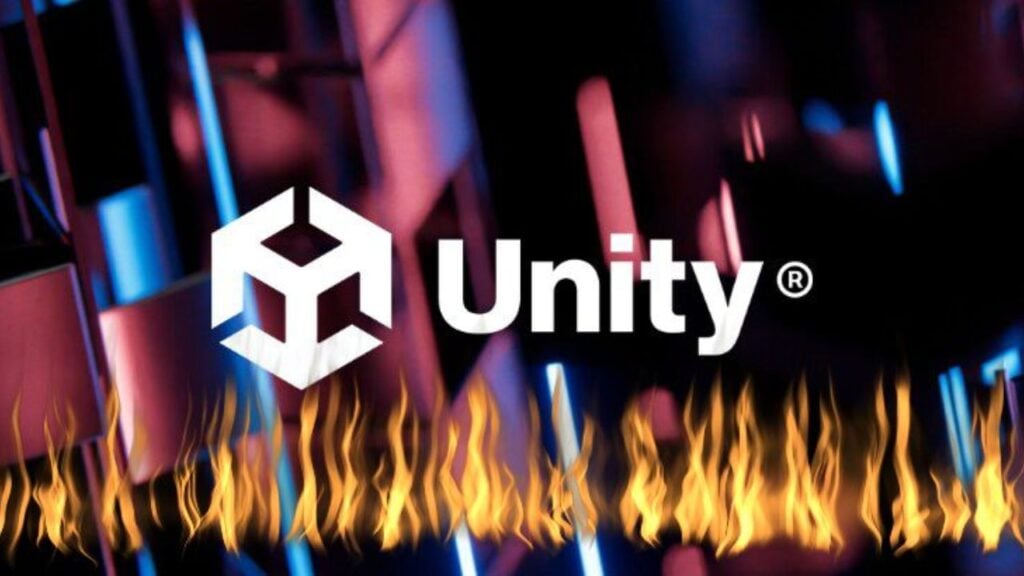 Feature image for our Unity Runtime Fee news piece. It shows the Unity Logo on a colored background, with flames across the bottom of the image.