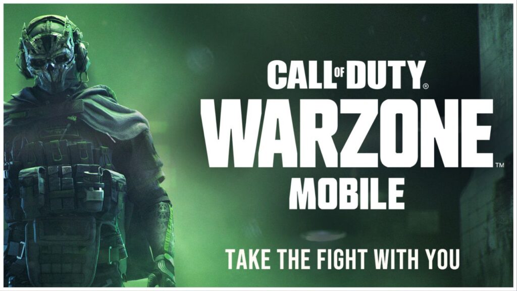feature image for our warzone mobile competitive news, the image features promo art of a soldier wearing a bullet proof vest and a mask with horns on, as well as headphones, the game's logo is to the right with the text "take the fight with you"