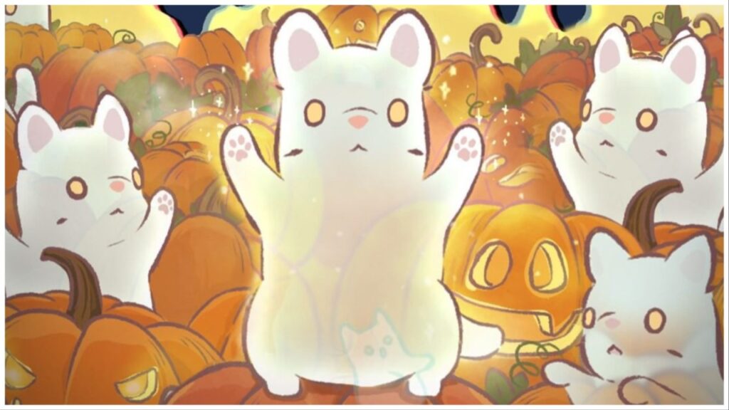 The image shows four confused and cute looking cat ghosts who are a sheen white. They all have their arms raised and a blank o_o expression. They're surrounded by many carved pumpkins!