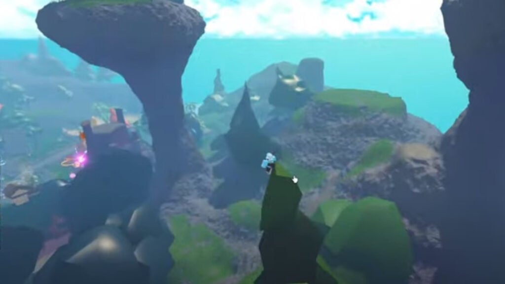 Feature image for our Elemental Dungeons Roblox guide. Image shows a zoomed out picture of trees, cliffs, and the sky.