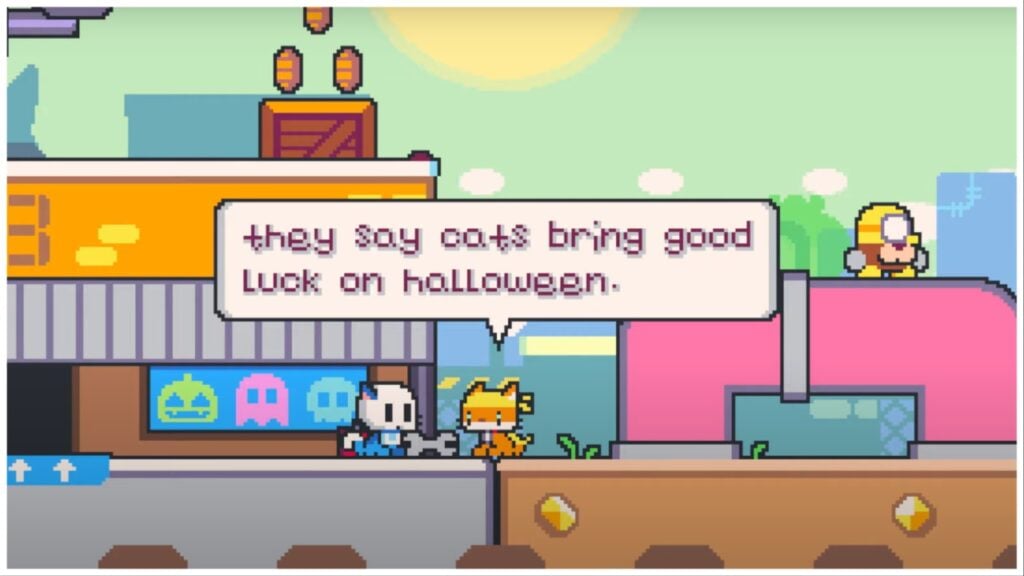 The image shows two cats chatting to one another, the player cat is on the left and is blue with a ghost sheet over its face. The right kitty is candy corn coloured and tells the other cat "they say cats bring good luck on halloween".