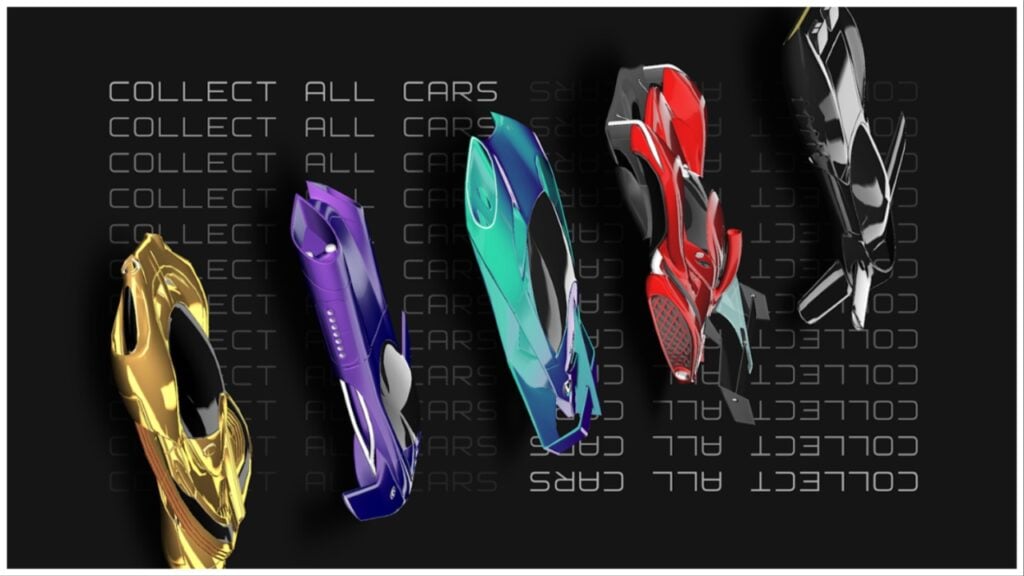 The image is a sleek black background with 4 models of futuristic cars from the Super Dash game. They are lined up vertically and from left to right we see a flashy gold, purple, turquoise, red, and finally black vehicle. Behind the cars is repeating text of grey fading to black which says "collect all cars"