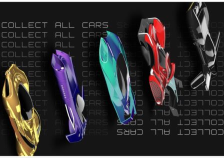 The image is a sleek black background with 4 models of futuristic cars from the Super Dash game. They are lined up vertically and from left to right we see a flashy gold, purple, turquoise, red, and finally black vehicle. Behind the cars is repeating text of grey fading to black which says "collect all cars"