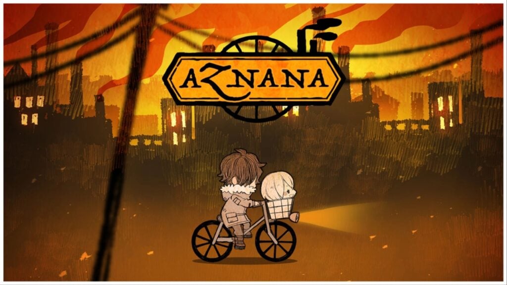 The picture shows the Aznana title cars. The background is plenty of burnt orange and brown hues with dark overcast buildings to frame the shot. On a quiet street in the center, we see the boy pedaling the bike with the white girl's decapitated head in the front basket. The Aznana logo is above their head