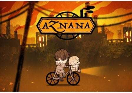 The picture shows the Aznana title cars. The background is plenty of burnt orange and brown hues with dark overcast buildings to frame the shot. On a quiet street in the center, we see the boy pedaling the bike with the white girl's decapitated head in the front basket. The Aznana logo is above their head