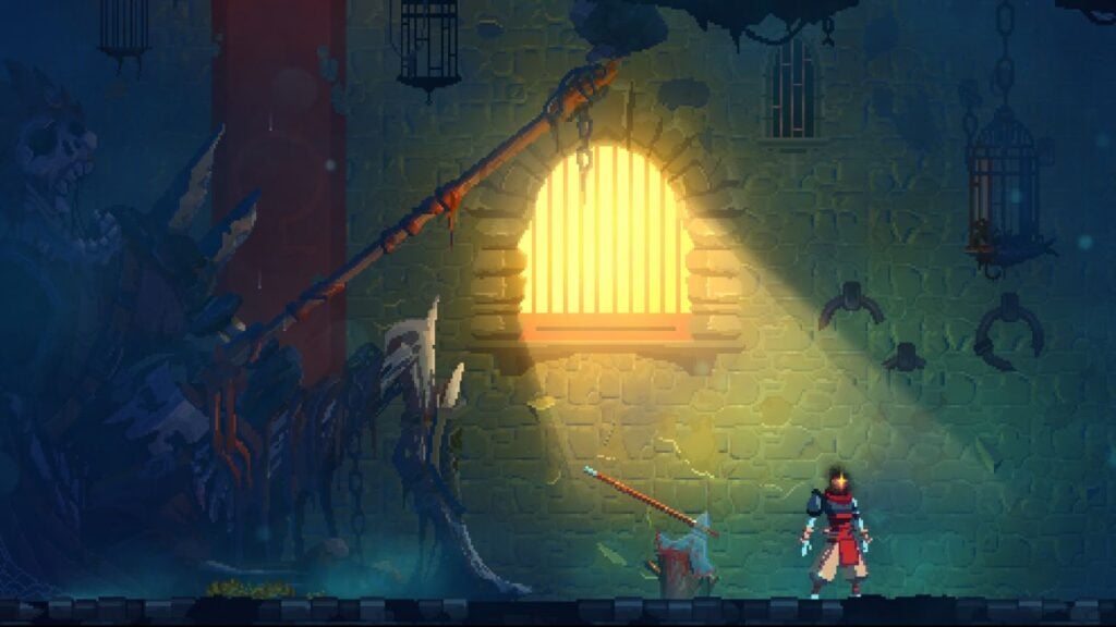 Feature image for our Dead Cells: Netflix Edition news piece. It shows an in-game screen from Dead Cells with The Beheaded stood in the dungeons next to an executioner's block and a giant skeleton.