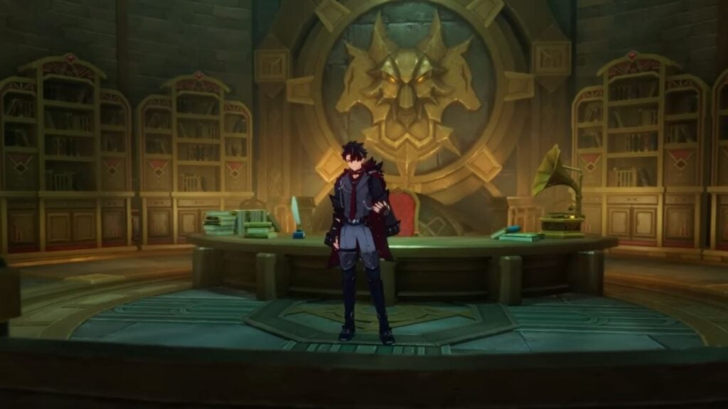 Feature image for our Genshin Impact Wriothesley tier list. It shows an in-game screen of the character stood in a circular office, with a large bronze Cerberus-like insignia behind him.