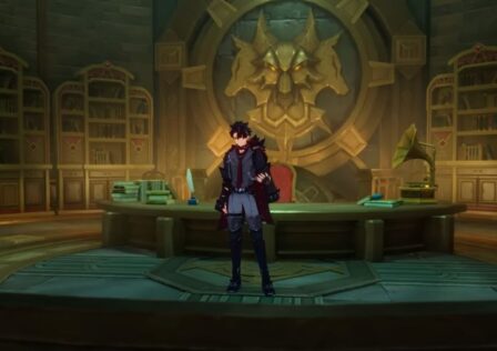 Feature image for our Genshin Impact Wriothesley tier list. It shows an in-game screen of the character stood in a circular office, with a large bronze Cerberus-like insignia behind him.