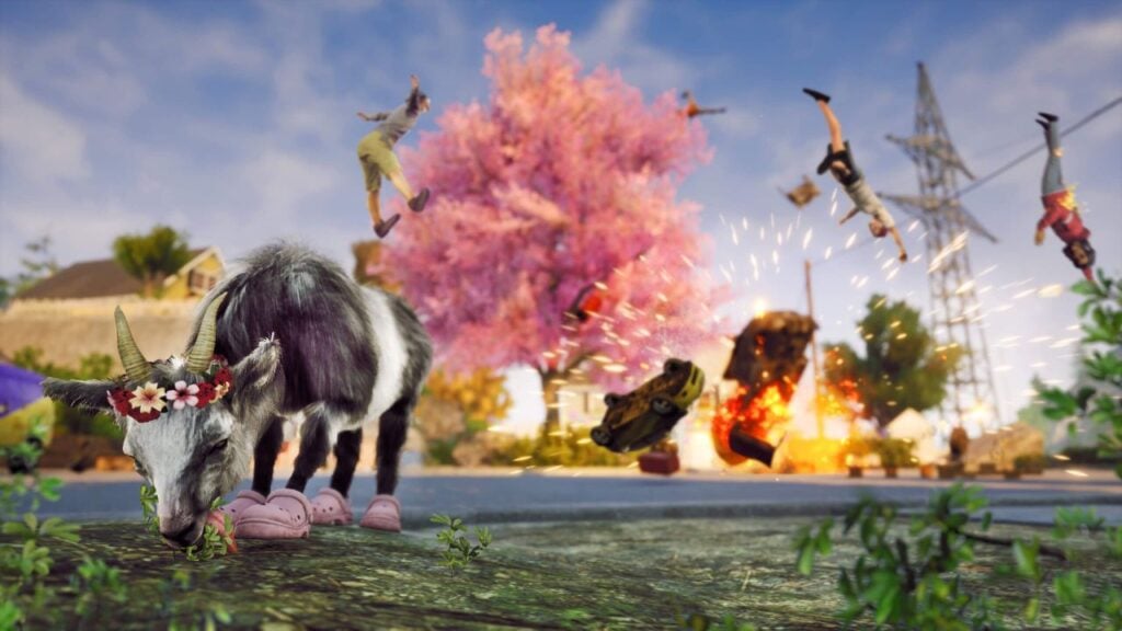 Feature image for our Goat Simulator 3 news. It shows a goat in crocs grazing while something explodes in the background.
