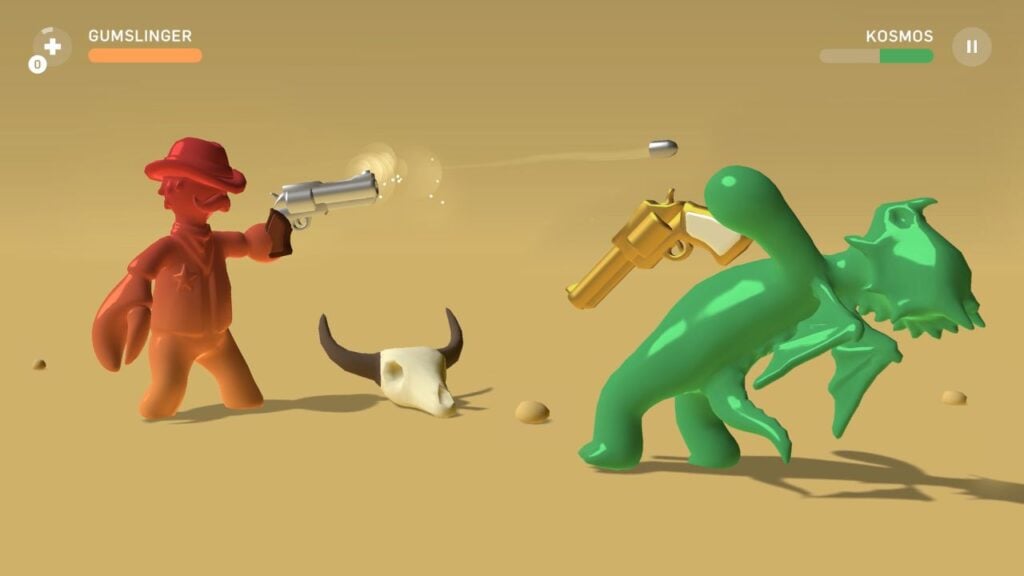 Feature image for our best Android multiplayer games feature. It shows two gummy people in a gunfight. One looks like a red cowboy, the other looks like a green dragon.