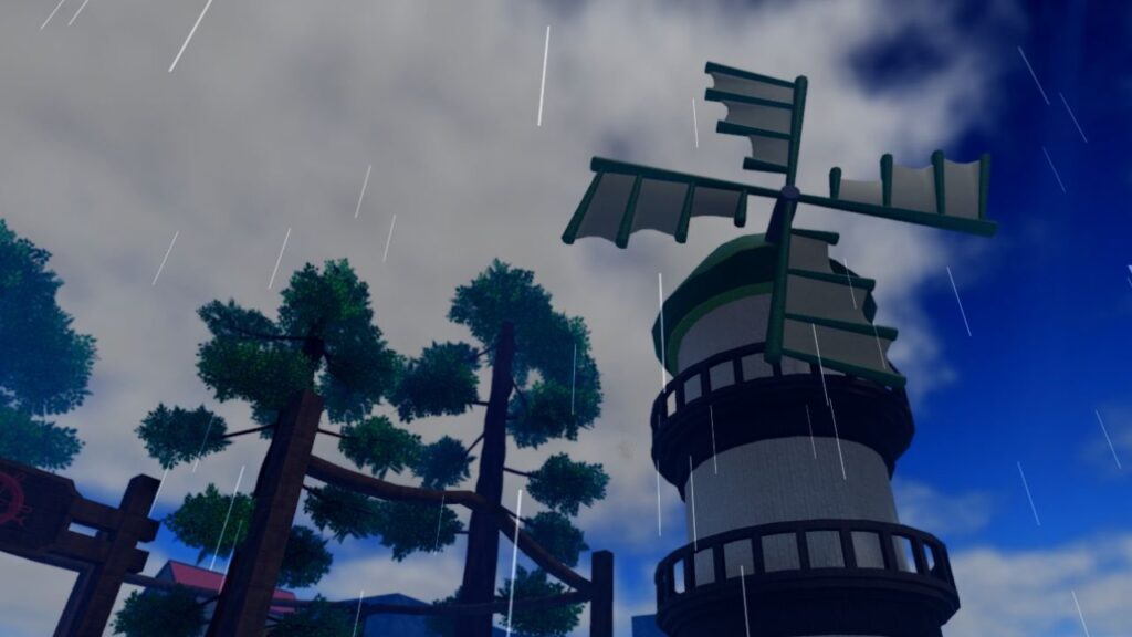 Feature image for our Haze Piece boss drops guide. It shows an in-game screen of an island in the rain, with a windmill.