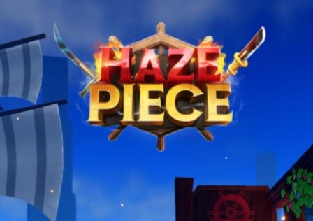 Feature image for our Haze Piece sword tier list. It shows the title screen with a blue sky, a sailing ship, and the game's logo with a ship's wheel and crossed swords.