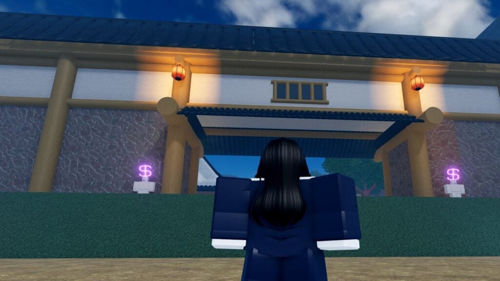 Feature image for our Jujutsu Chronicles clan tier list. It shows an in-game screen of a character looking up at a temple entrance.