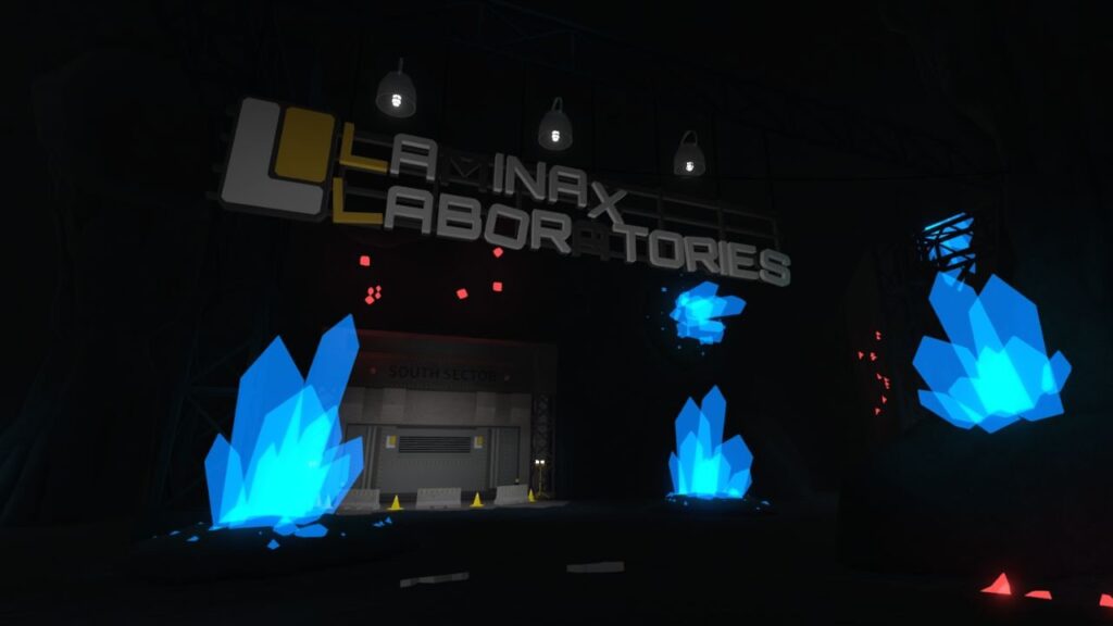Feature image for our Kaiju Paradise 3.1 update guide. It shows an in-game screen of a laboratory front, letter falling off the sign. It's in a gave full of glowing crystals.