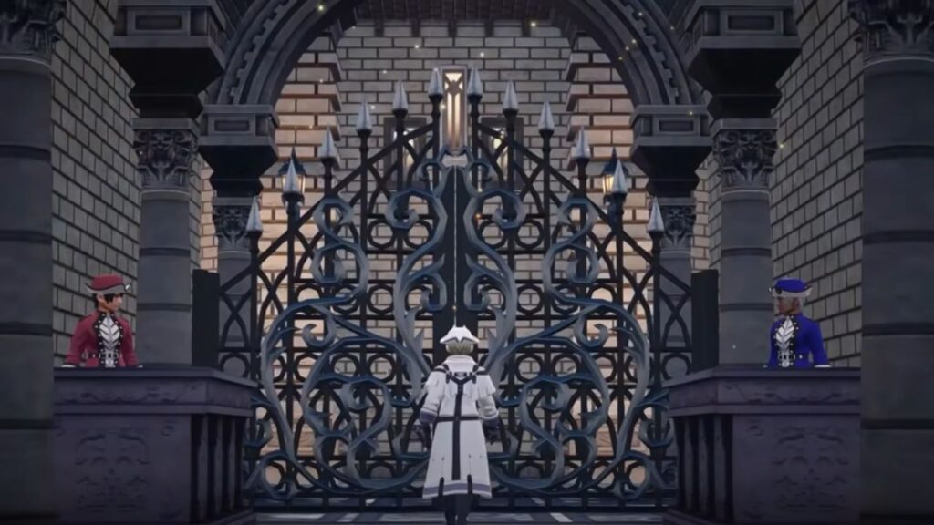 Feature image for our Kingdom Hearts Missing Link news piece. It shows the player character approaching a large, ornate gate. Two characters, one in a red jacket, one in a blue jacket, stand at either side.
