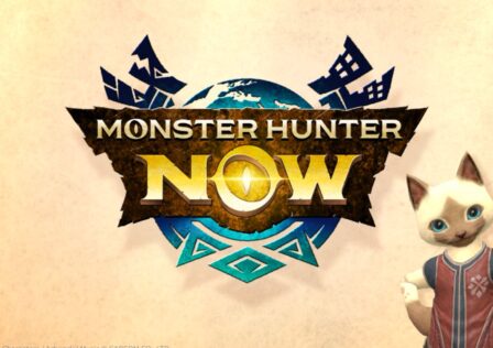 Feature image for our Monster Hunter Now events news piece. It shows the Monster Hunter Now logo with a felyne character stood beside it.