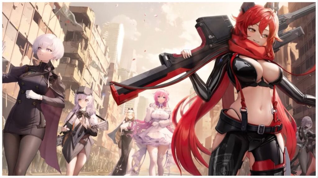 feature image for our nikke 1st anniversary news, the image features promo art for the event of a younger version of snow white, walking alongside rapunzel and dorothy as they parade through the streets while smiling and waving at the audience, red hood is walking at the front as she holds her gun over her shoulder