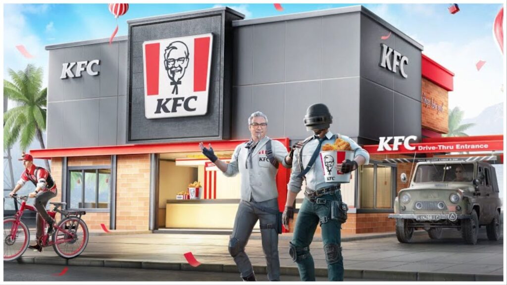 feature image for our pubg mobile kfc news, the image features promo art for the event of colonel sanders standing next to a player with a helmet on as they hold a bucket of chicken , there is also a kfc delivery worker riding a bike out of the restaurant, and a character wearing sunglasses sat inside their car as they park at the drive-thru