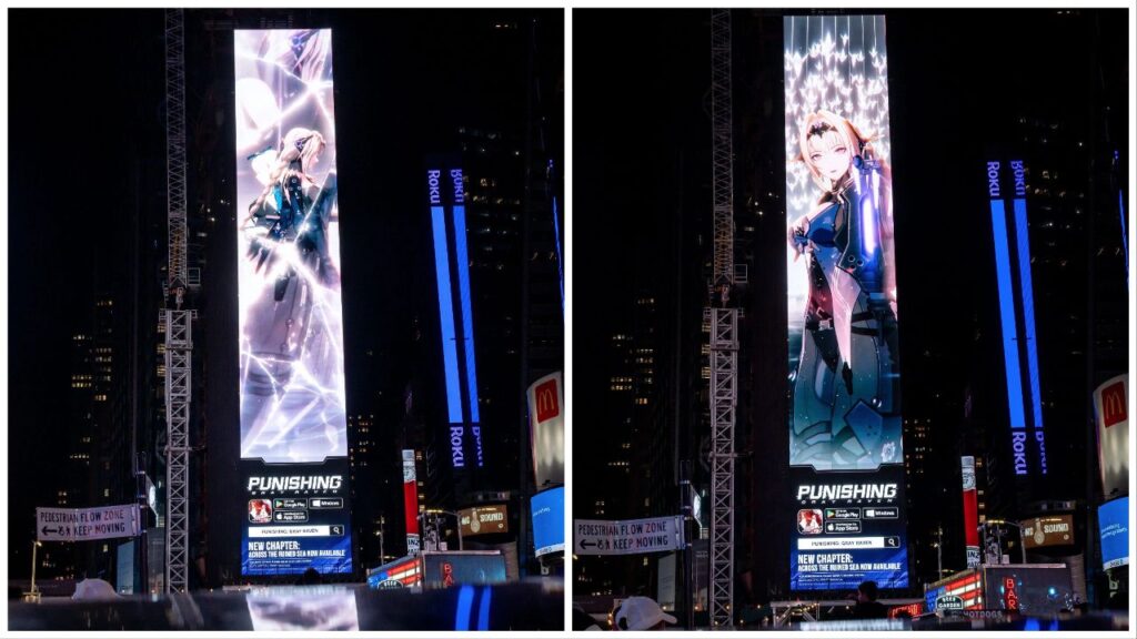 feature image for our punishing gray raven times square news, the image features photos of the ad on a large vertical digital billboard in times square new york, it showcases two photos from different points of the ad, with one being of two character from the game with their backs to each other, and the other is of a character curiously looking out across the city