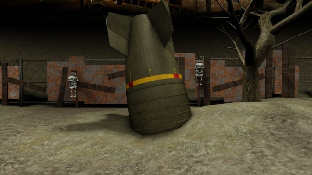 Feature image for our Radiant Residents guide. It shows an in-game scene with a nuclear bomb half sunk into the ground.