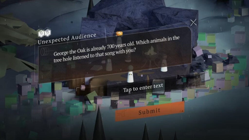 Feature image for our Reverse 1999 George the oak guide. It shows an in-game screen with the question on the audience.