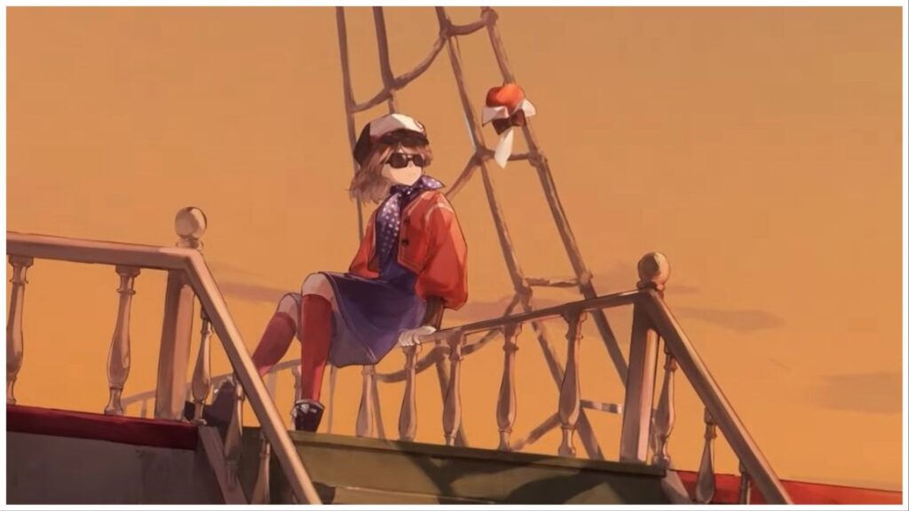 feature image for our reverse: 1999 qol news, the image features promo art for the game during the recent Regulus soundtrack posted on youtube, it features a character from the game sat on a banister on a ship as she looks out to the ocean while wearing sunglasses, there is a floating apple next to her that is wearing a shirt and bow