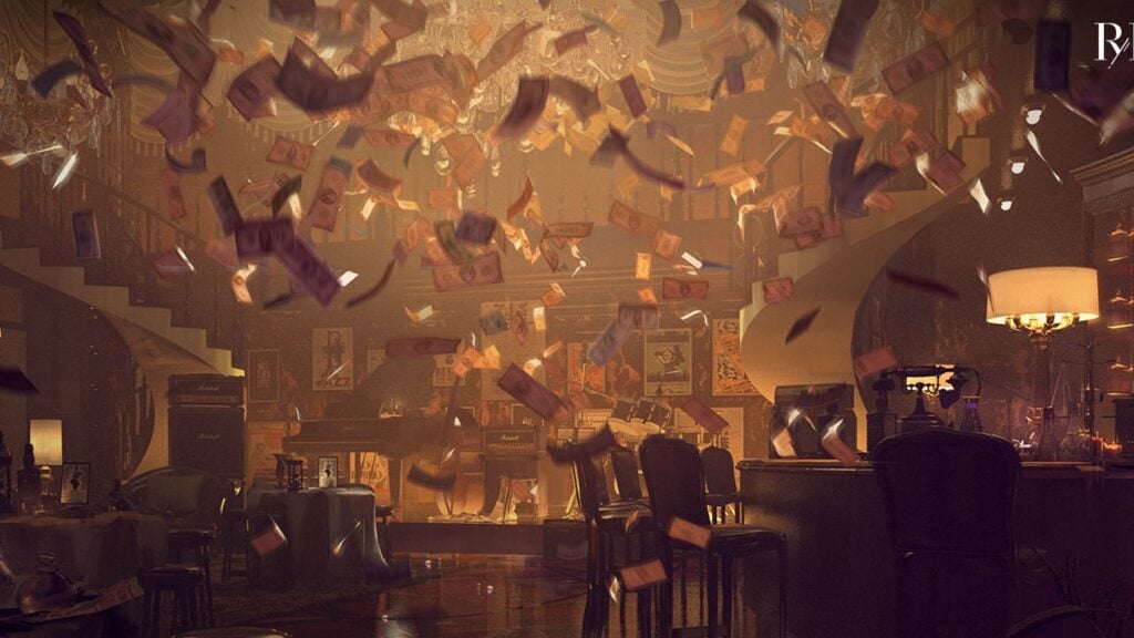 Feature image for our Reverse 1999 reroll guide. It shows a promo image of a 1930's room with money raining down from above.