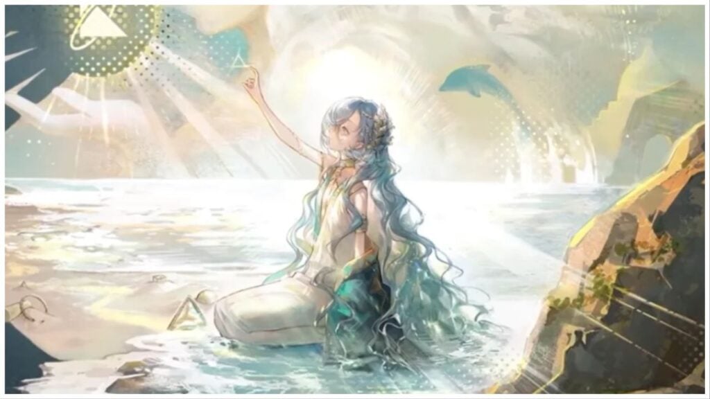 feature image for our reverse: 1999 version 1.4 news, the image features promo art for an upcoming character of a woman sat on the water of the ocean as she reaches towards the sun, she is wearing an outfit inspired by ancient greece, as a dolphin jumps out of the ocean behind her