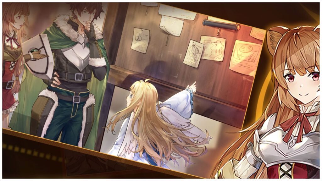 feature image for our shield hero: rise pre-registration news, the image features promo art for the game of the characters from the franchise standings together and talking, from the left is raphtalia next to naofumi as he holds his hand to his face with a questioning facial expression as they talk to filo whi is pointing to a wooden board on the wall with paper attached
