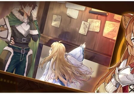 feature image for our shield hero: rise pre-registration news, the image features promo art for the game of the characters from the franchise standings together and talking, from the left is raphtalia next to naofumi as he holds his hand to his face with a questioning facial expression as they talk to filo whi is pointing to a wooden board on the wall with paper attached