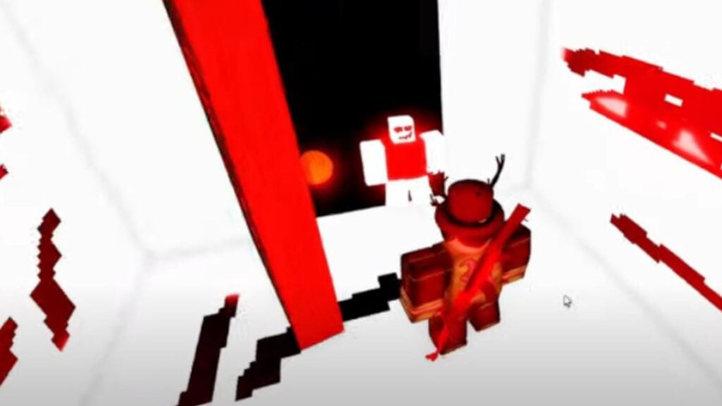 Feature image for our Shoot And Eat Noobs Roblox guide. Image shows a white and red room with two Roblox characters looking at each other.