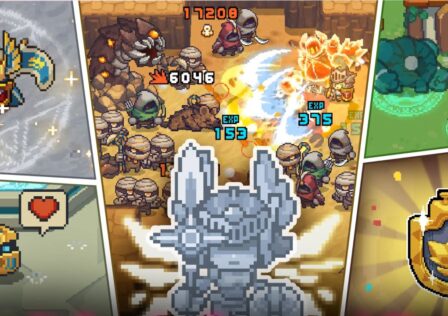 Feature image for our Soul Knight Prequel news piece. It shows a collage of several pixel art screenshots from the game.