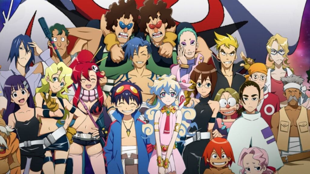 Feature image for our Tengen Toppa Gurren Lagann tier list. It shows a group shot of the cast of characters, smiling toward the viewer.