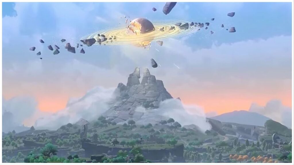 feature image for our wang yue news, the image features a screenshot from the game of a large rocky mountain that stretches into the sky, as a planet that looks like saturn floats above, while rock debris flies around, the saturn-like planet looks as if it's exploding, beneath the rock mountain, there are miles of grass, cliffs, and trees