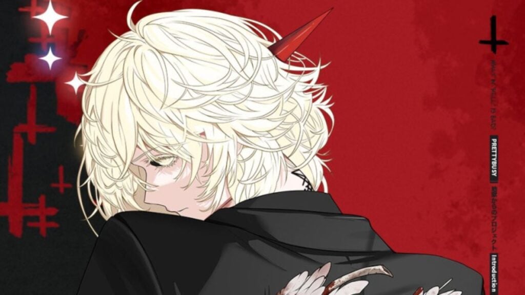 Feature image for our What In Hell Is Bad Lucifer guide. It shows promotional art of a blond demon with blond hair, red horns, gold eyes, and broken-off feathery wings.