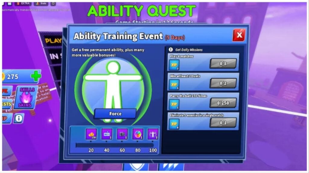 The image shows the quest page for the blade ball ability training quest. It shows a stick man with his arms extended side to side with the tasks to the right