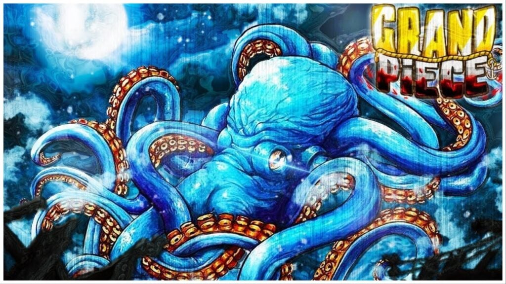 The illustration shows a massive blue squid in a pile of tentacles. The mass of seafood is erupting from the ocean at night time and has shining white glowing eyes. The game title "Grand Piece" is in the top right