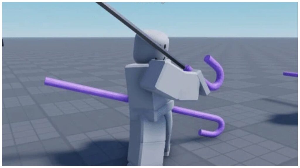 the image shows a roblox grey dummy holding the soul cane. In the hand furthest from the viewer it is the case and slung across the dummys shoulder is the cane unsheaved showing its bladed edge.