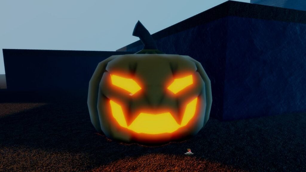 Feature image for our GPO Hollow Greatsword guide. It shows a pumpkin grinning on the Halloween island where the Hollow Greatsword can be acquired.