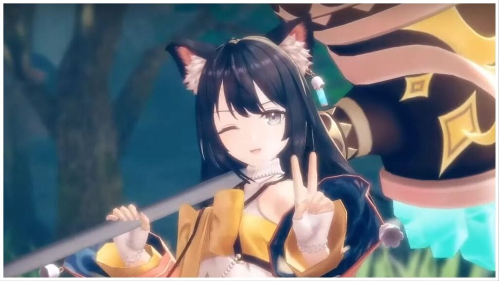 feature image for our atelier resleriana global news, the image features a screenshot from the game's trailer of a cat girl character holding a large hammer over her shoulder as she throws a peace sign with her other hand and winks and smiles